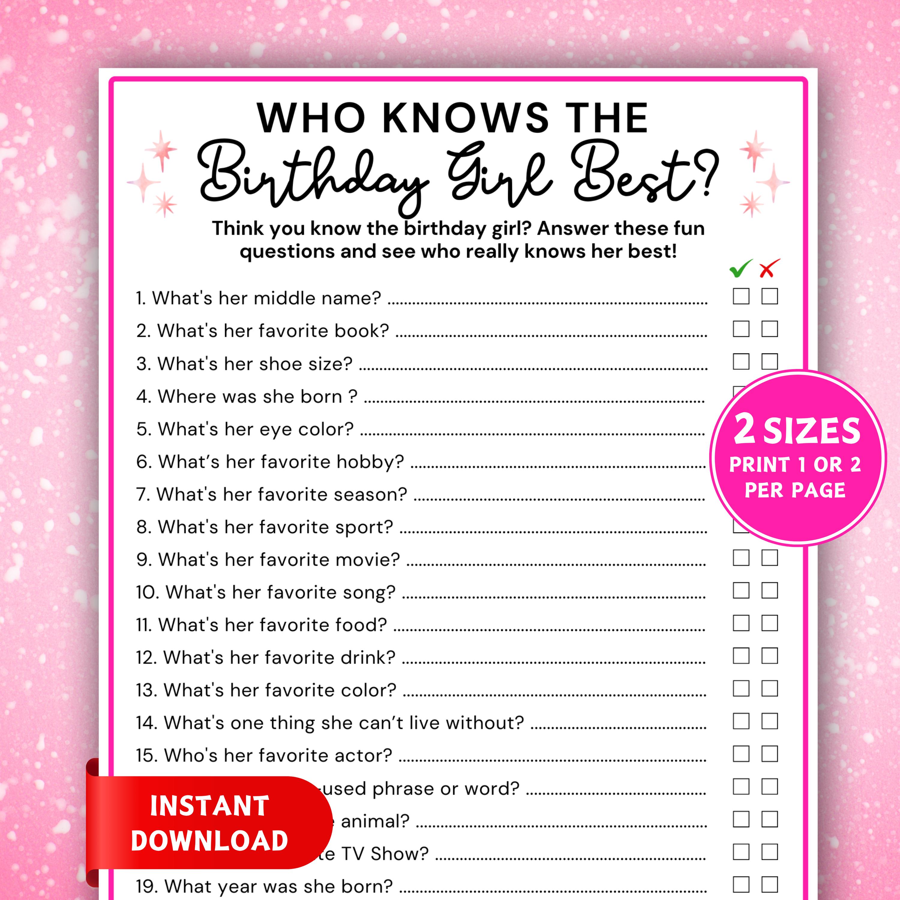 Chi conosce il miglior gioco per festeggiare il compleanno? Quiz stampabile per feste di compleanno, Attività divertenti per feste tra ragazze, Gioco