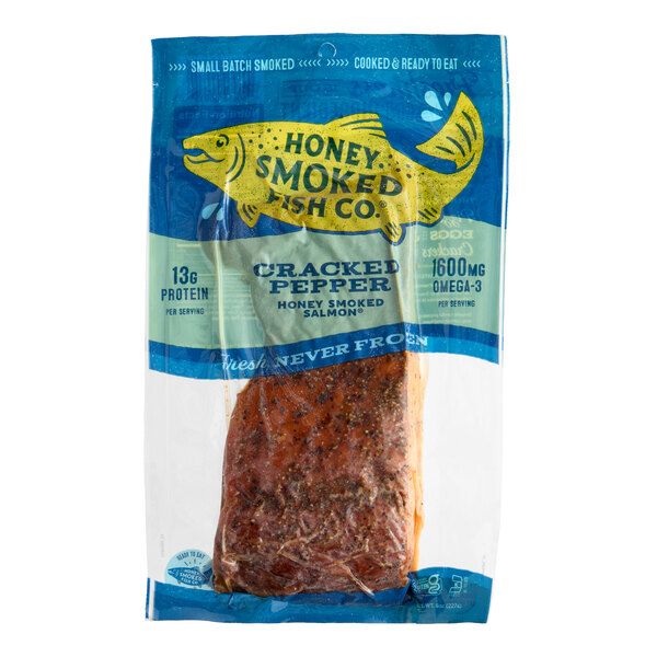 Honey Smoked Fish Co. Cracked Pepper Honey Smoked Salmon 8 oz. - 16/Case