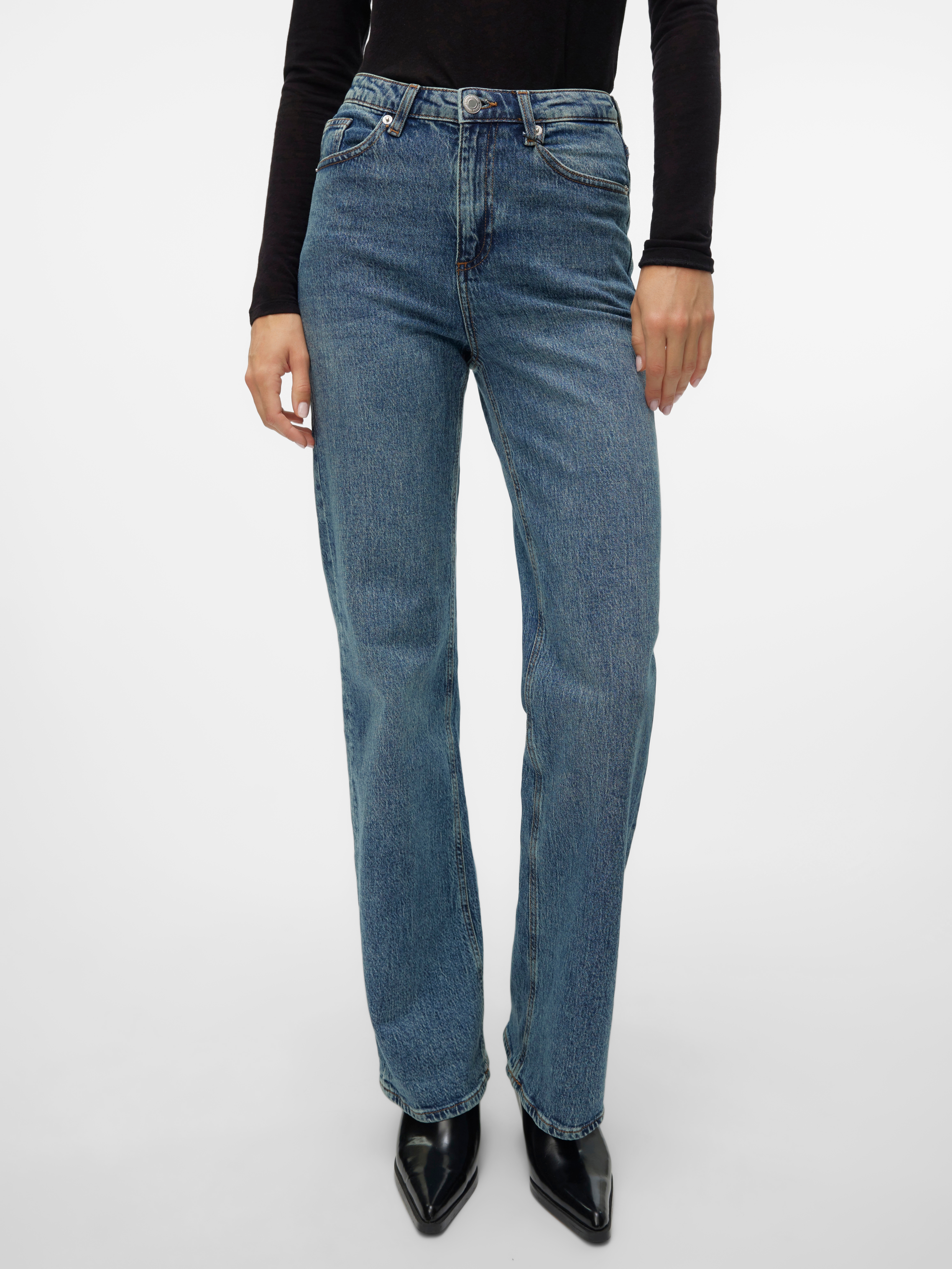High-waist-Jeans VERO MODA "VMTESSA HR WIDE JEANS RA394 GA NOOS", Damen, Gr. 29, Länge 34, blau (medium blau denim detail:tinted), Denim/Jeans, Obermaterial: 99% Baumwolle, 1% Elasthan, oversize, Jeans High-Waist-Jeans