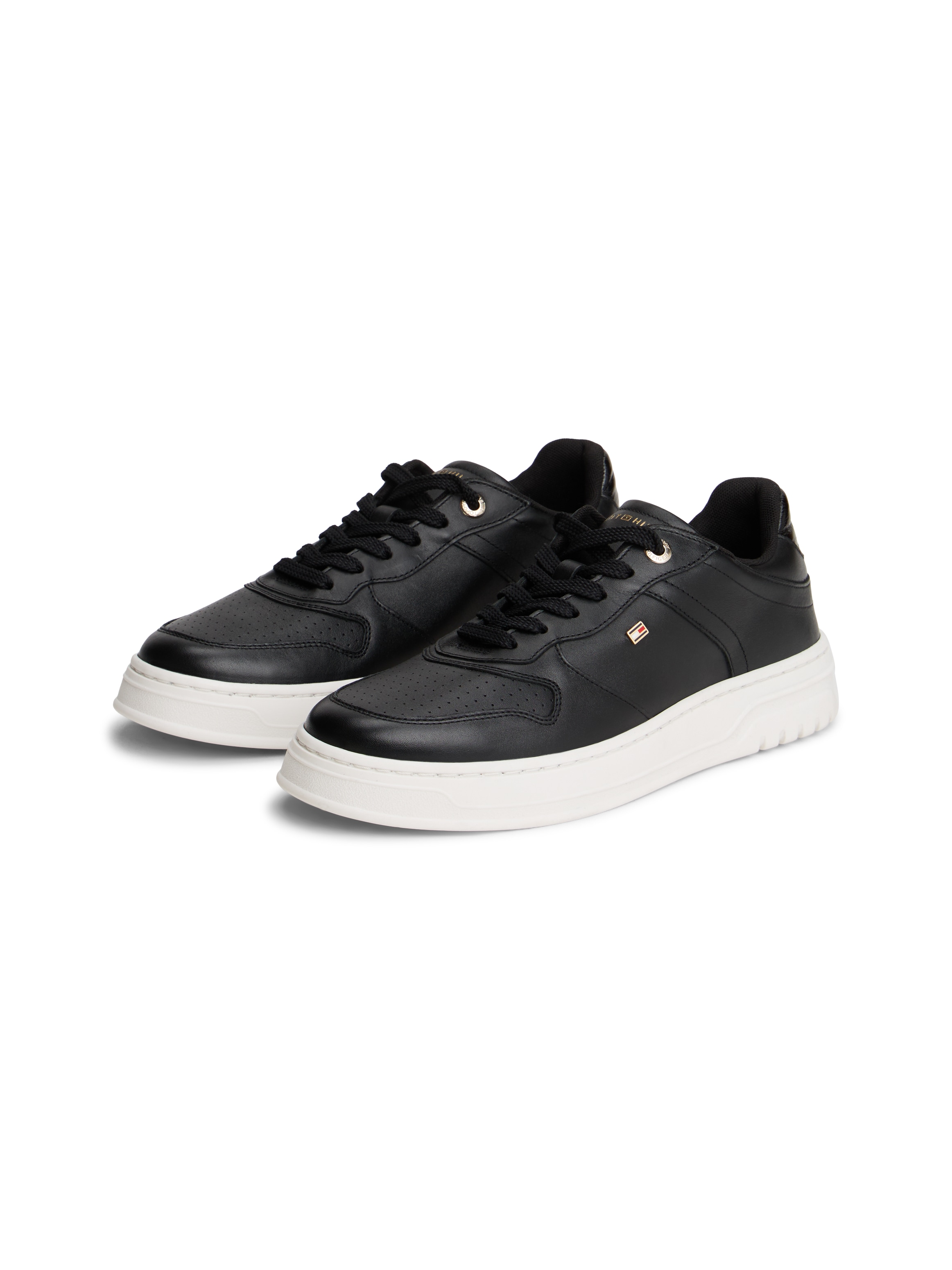 Plateausneaker TOMMY HILFIGER "TH SPORTY CUPSOLE LEATHER", Damen, Gr. 37, schwarz, Leder, unifarben, Schuhe, Freizeitschuh, Halbschuh, Schnürschuh mit seitlichem Logo
