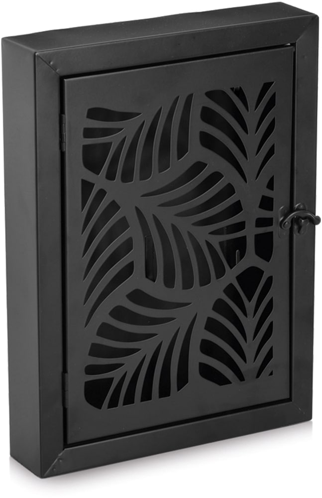 Schlüsselbrett ZELLER PRESENT "Schlüsselkasten "Leaves", Metall, schwarz", schwarz, B:22cm H:30cm T:5cm, Metall, Hakenleisten, Blattmuster, robust, mit 6 Haken