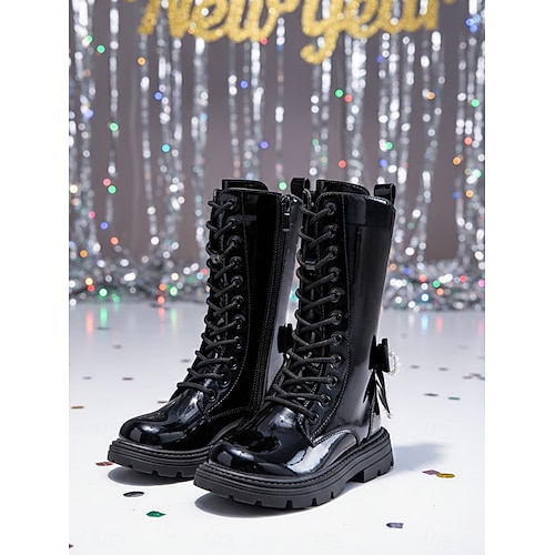 Scarpe da costume da pop star ispirate a idol coreani, stivali stringati in vernice da bambina - eleganti stivali da combattimento a metà polpaccio con fiocco per la scuola e le feste