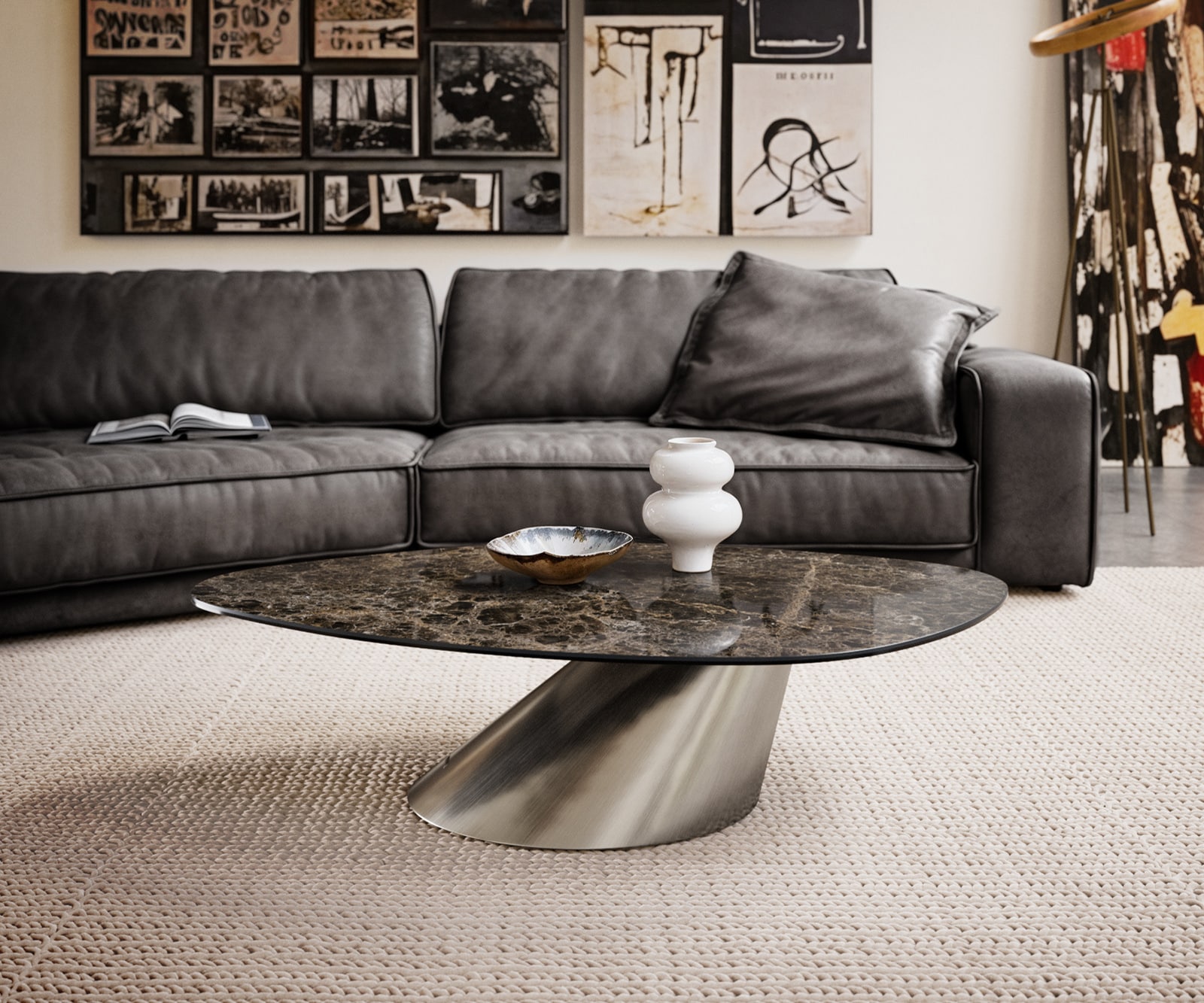 DELIFE Couchtisch Edge Organisch 140x76 cm Keramik Laminam® Emperador Extra Lucidato Dunkelbraun Conis Edelstahl gebürstet, Couchtische Image