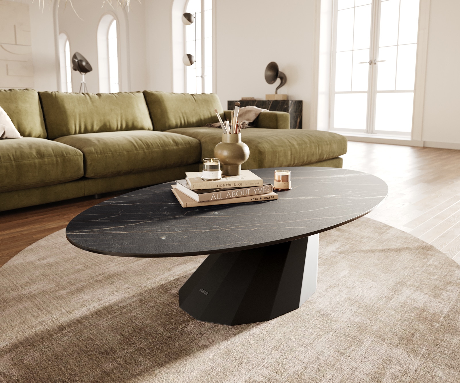 DELIFE Couchtisch Edge Oval 140x80 cm Keramik Laminam® Noir Desir Braun Parabi Metall Schwarz, Couchtische Image