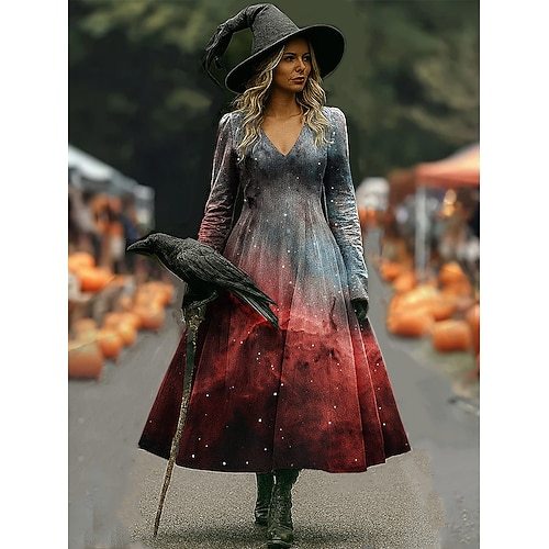 Abito Midi da Donna A Line Abito Vacanza Casual Boho Spiaggia Vestibilità Normale Grafica Astratta Maniche Lunghe V Collo Bianco Rosso Scuro Vino Marrone Primavera Autunno Inverno