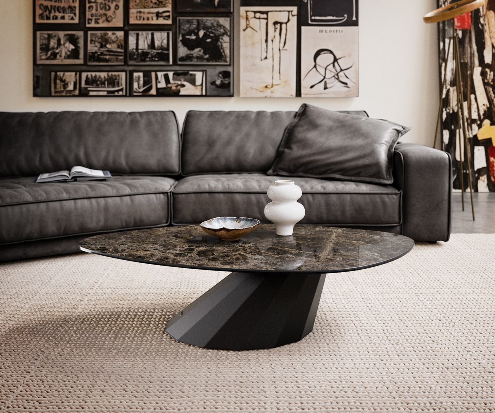 DELIFE Couchtisch Edge Organisch 140x76 cm Keramik Laminam® Emperador Extra Lucidato Dunkelbraun Parabi Metall Schwarz, Couchtische Image