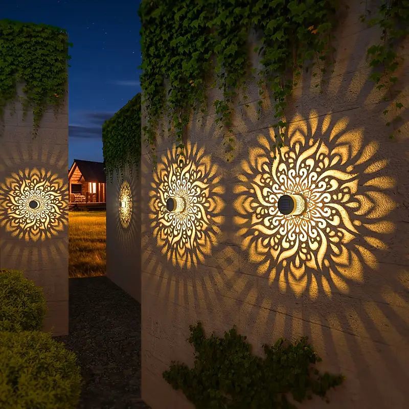 Christmas Solar Wall Light Metal Lantern Solar Outdoor Deck Step Light Mandala Theme Waterproof LED Solar Landscape Projector Light for Christmas Garden Pillar Terrace Yard Decoration