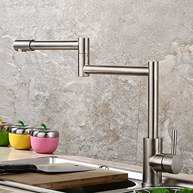 Kitchen Faucet,Modern Style Stainless Steel Single Handle One Hole Nickel Brushed Pot Filler Deck Mounted Retro Kitchen Taps With Hot and Cold Water