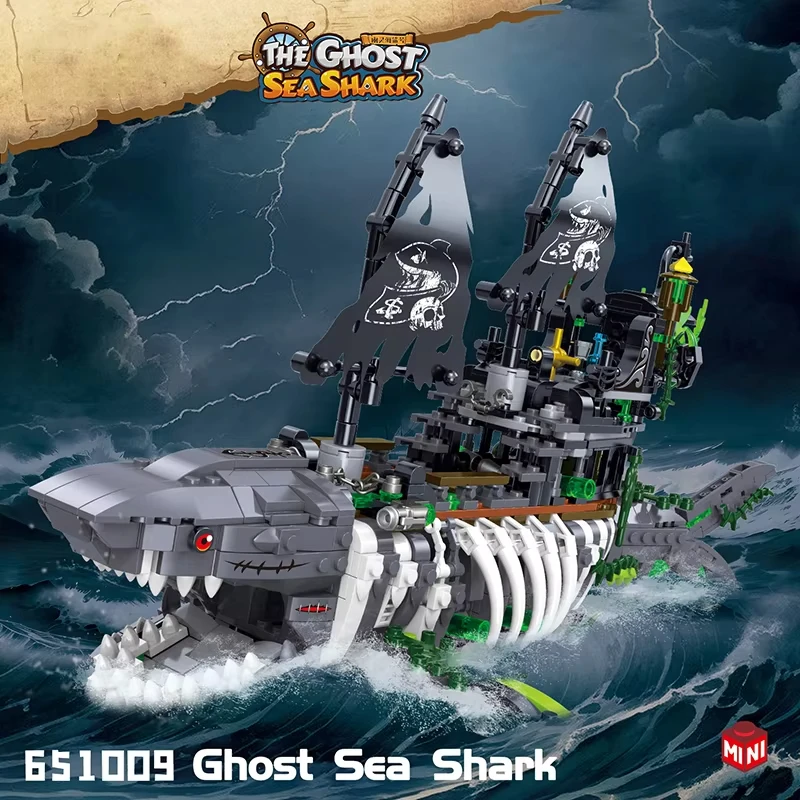 1155 stücke Shark Piraten Schiff MOC Bausteine Set Kreative Meer Shark Geister Schiff Modell mit LED-Licht Pädagogisches DIY Spielzeug für Kind Image