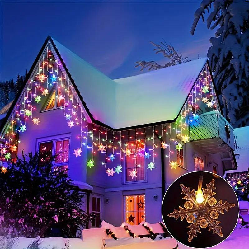 96LED Snowflake Curtain Lights 3.5m 8 Modes Lighting for Thanksgiving New Year Valentine's Day Home Balcony Living Room Garden Porch Atmosphere Decoration