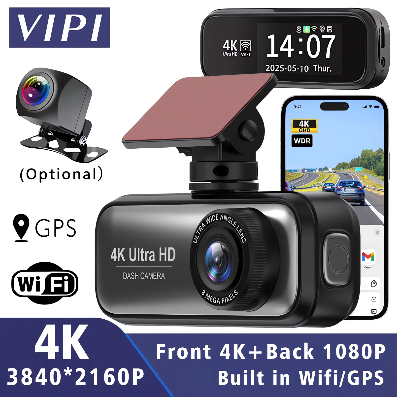 Auto DVR 4K 2160P Dash Cam GPS WiFi Mini Dual Objektiv Dashcm Vorne Und Hinten Auto Kamera mit Nachtsicht 24H Parkplatz Monitor Image