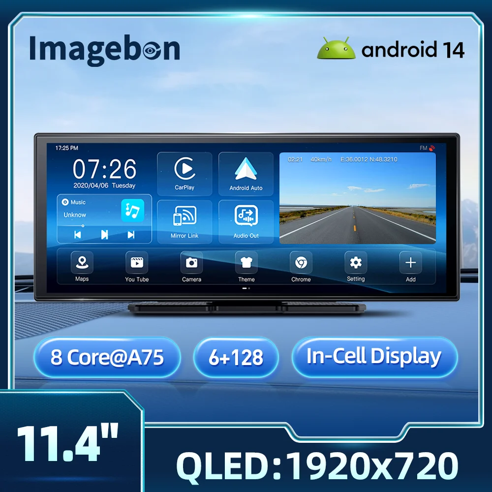 Imagebon W70 11,4 Zoll 6 + 128 GB Auto-DVR Android 14 Wireless Carplay Android Auto 8 Core Google Play Dual Lens Videorecorder Image