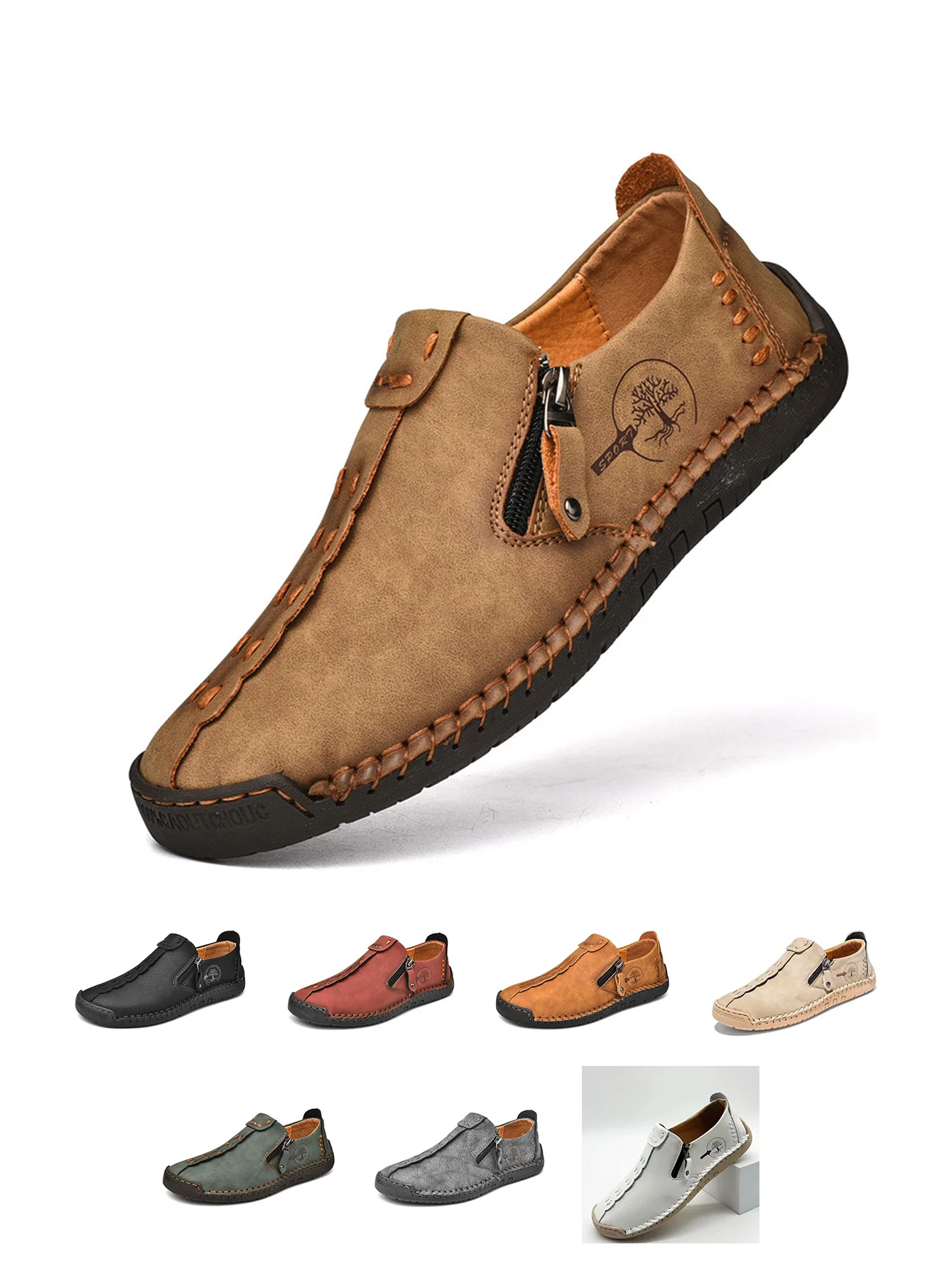 Handgefertigte Vintage-Loafer für Herren, stilvolle Freizeitschuhe mit seitlichem Reißverschluss, ganzjährige flache Schuhe für den Alltag, bequeme große Herrenschuhe