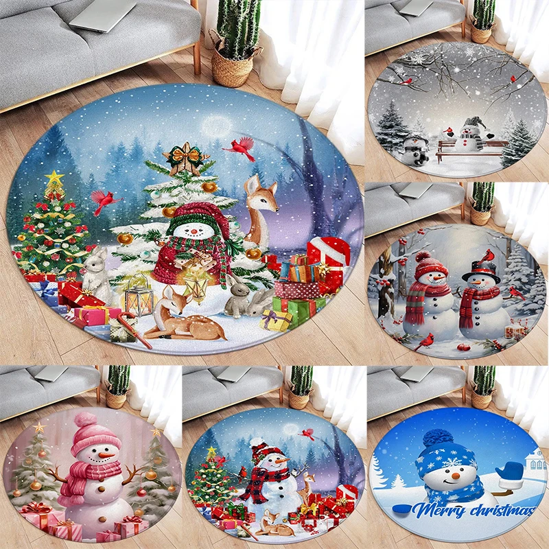 Winter-Weihnachtsthema, runder Teppich, süßer Schneemann, Weihnachtsbaum, Rentier, Wald, Schneeflocke, Geschenkmuster, Zuhause, Wohnzimmer, Matte Image