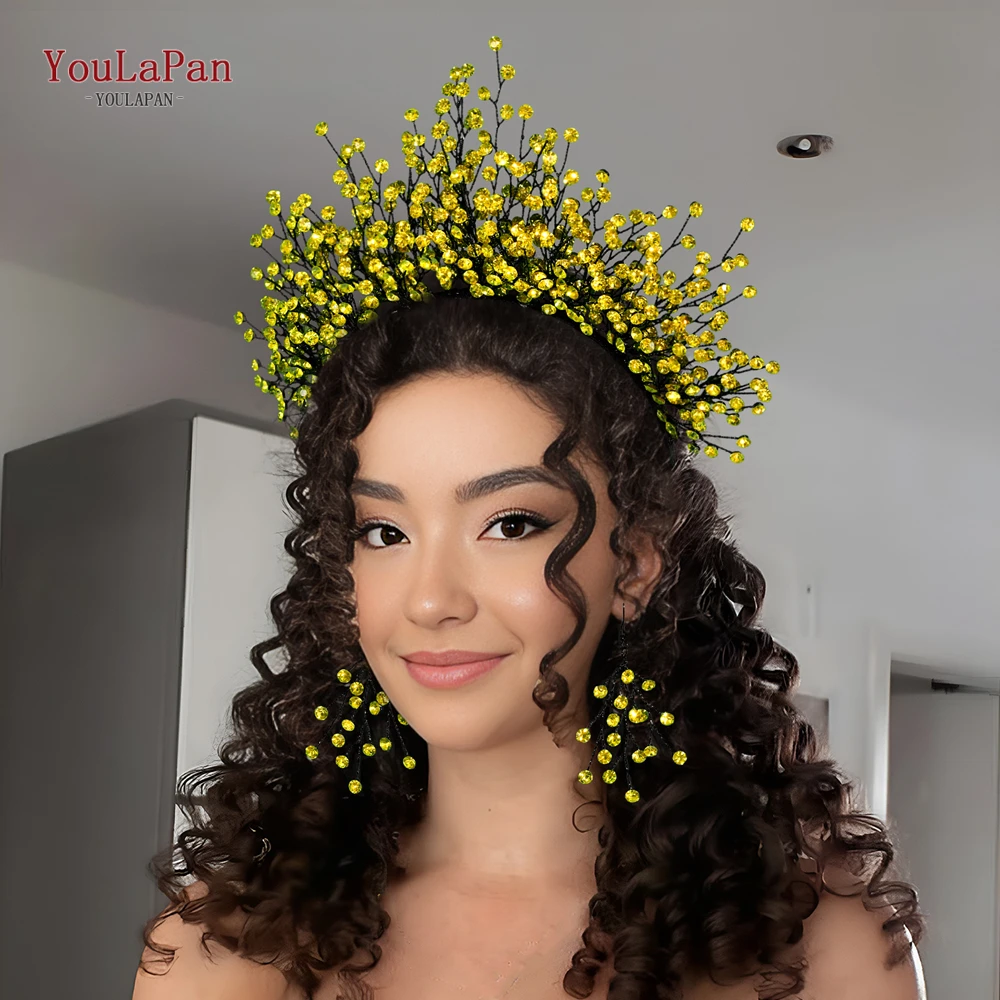 YouLaPan Handgemachte leuchtend gelbe Farbe Strass Braut Krone Haarteil Vintage Boho Hochzeit Schmuck für Braut Party HP846