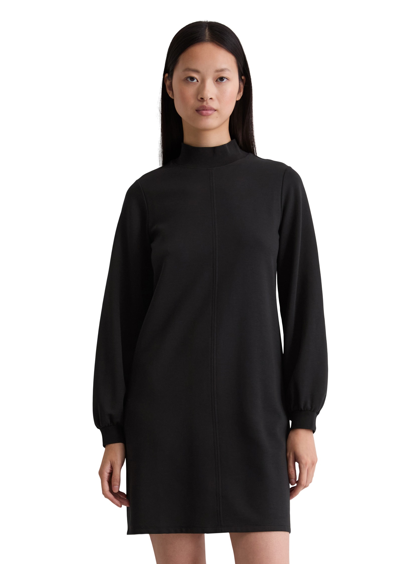 Jerseykleid MARC O'POLO "aus Interlock-Qualität", Damen, Gr. 46, Normalgrößen, schwarz, Obermaterial: 94% Baumwolle, 6% Elasthan, unifarben, regular fit knielang, Rundhals, normaler Saum, Kleider Jerseykleid