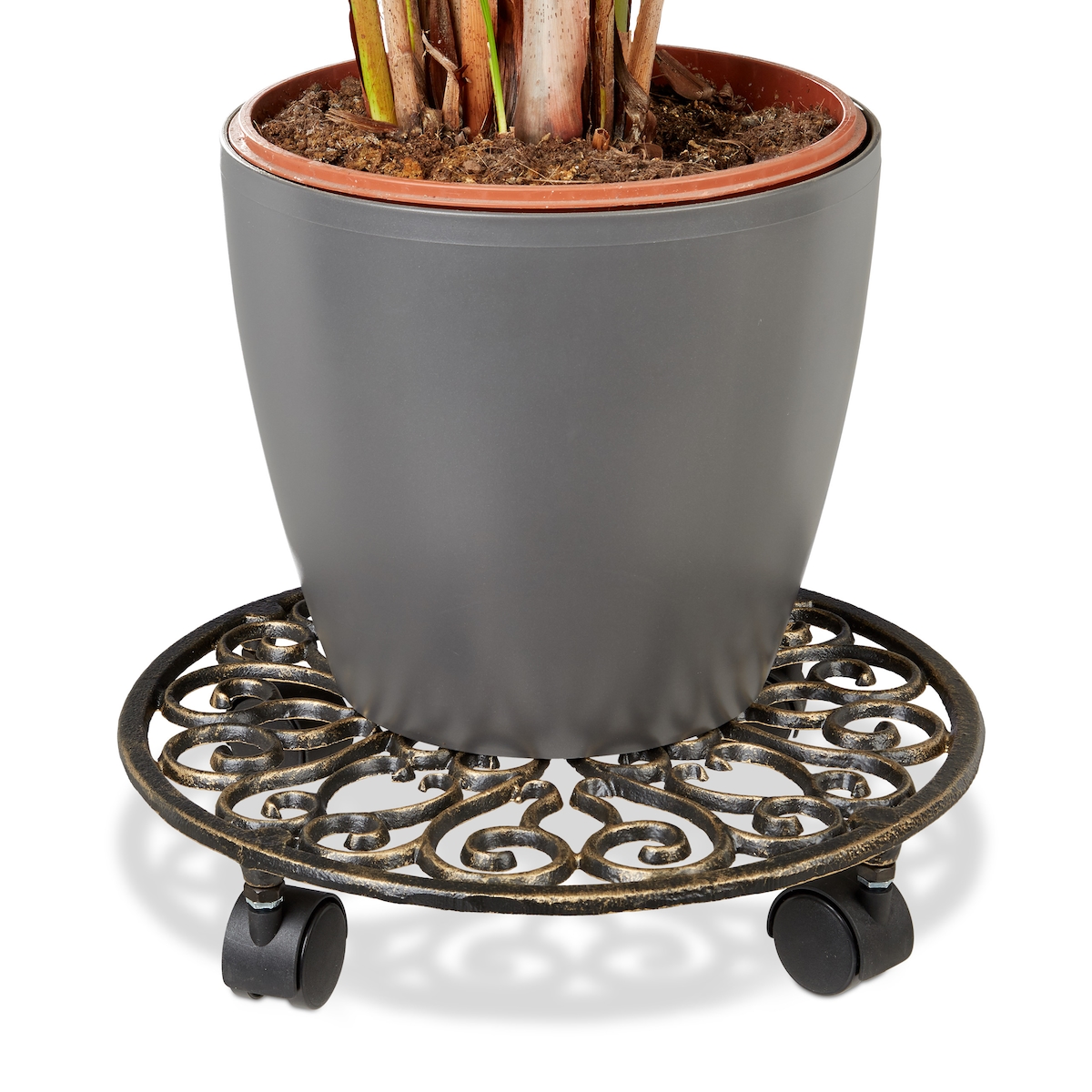 Relaxdays Pflanzenroller Gusseisen Ø33,5cm, Metall, 4 Rollen, Blumenroller, antikes Design, stabil, wetterfest, bronze Image