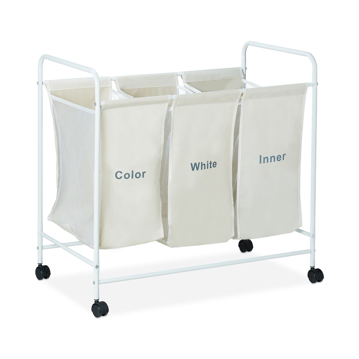Relaxdays Wäschesortierer, 3 beschriftete Fächer, Rollen zum Feststellen, Volumen 100 Liter, HxBxT 76 x 80 x 46cm, beige Image