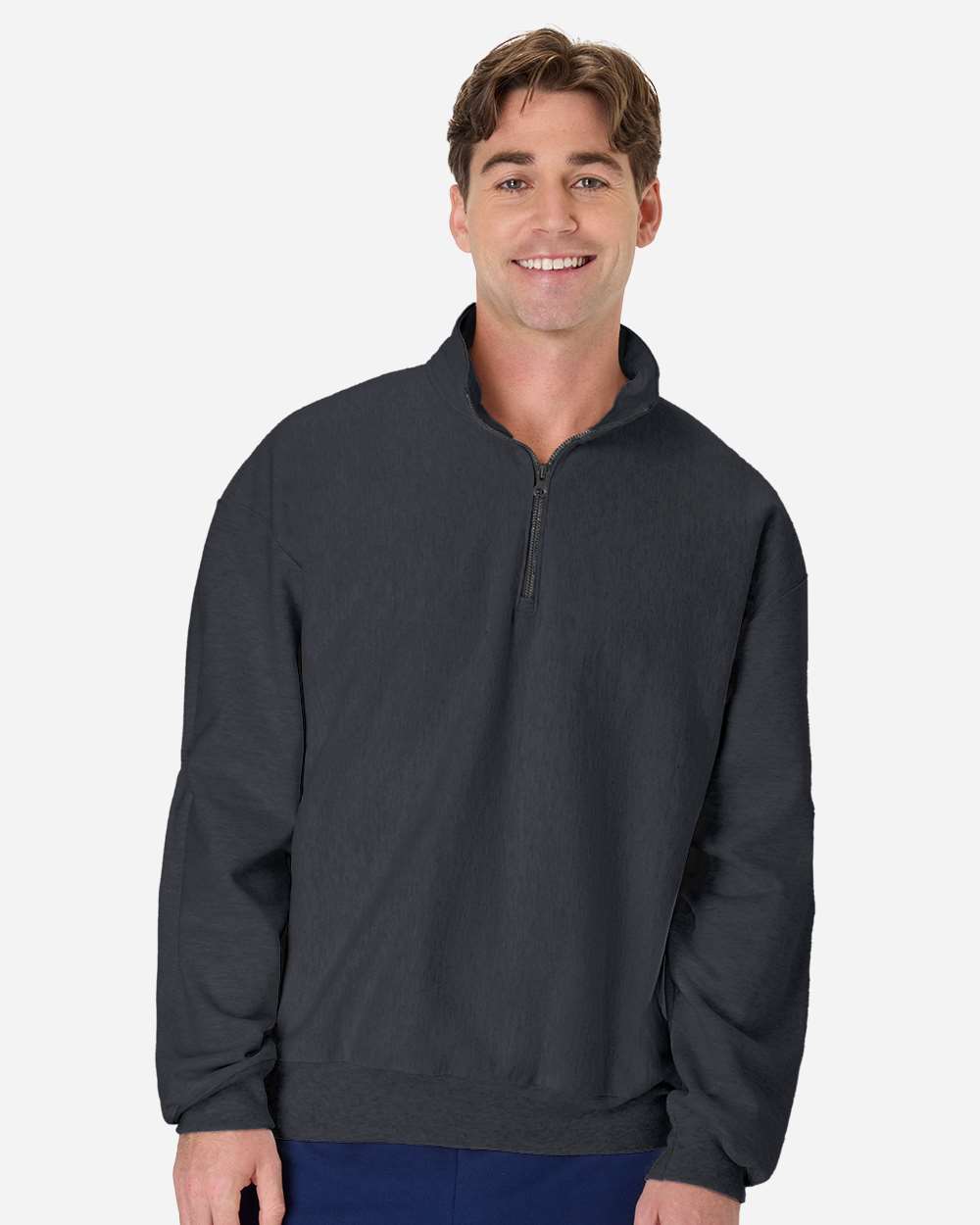 Hanes OG900 Men's Beefy Sweats Premium Heavyweight Quarter-Zip Sweatshirt in Charcoal Heather size Small | Cotton/Polyester Blend