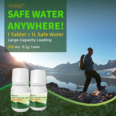 2 Bottles Water Purification Tablets (500 Tablets/Bottle) - 2L Water per Tablet, for Outdoor Streams & Running Water