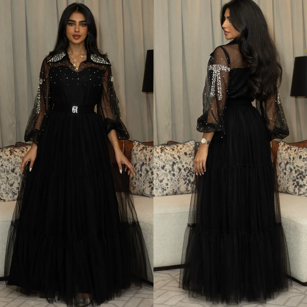 Customized Exquisite Net Sequined Pleat A-line V-neck Long Dresses Bespoke Occasion Formal Modern Style