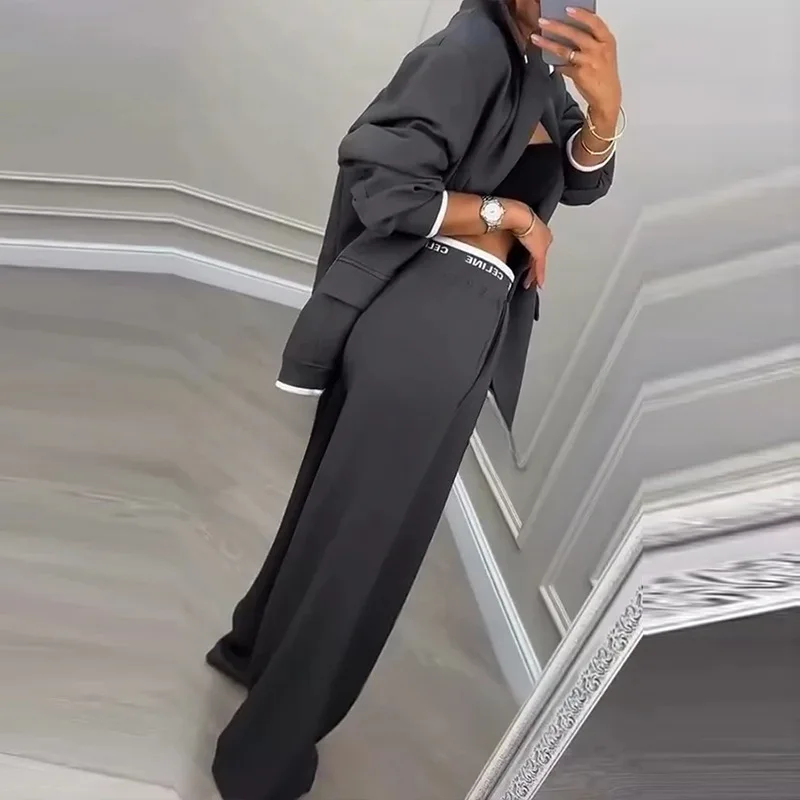 Set giacca blazer autunno inverno donna elegante cardigan con risvolto con bottone singolo e pantaloni a gamba larga completo elegante abito da ufficio solido