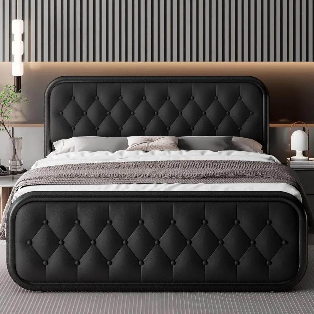 Bed Frame, Heavy Duty Bed Frame with Faux Leather Headboard, Bed with Strong Metal Slats Under-Bed Storage, Easy Assembly