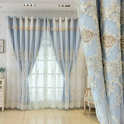 1pc European Minimalist Style Blue French Lace Embroidered Luxurious Embossed Sheer Voile Curtain, Embroidered Fabric Shading