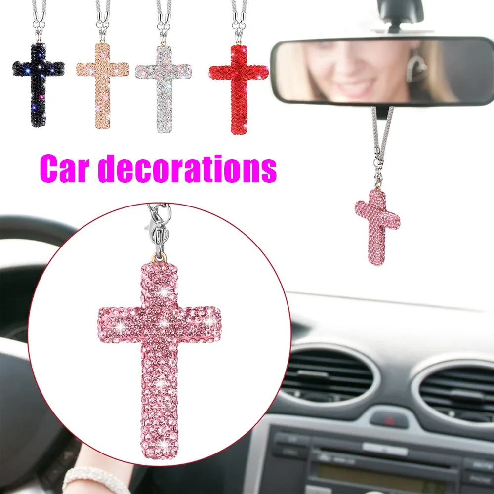 Auto Rückspiegel Anhänger Kristall Kreuz Glänzenden Strass Anhänger Auto Dekoration Fahrzeug Rückspiegel Anhänger Ornamente Image