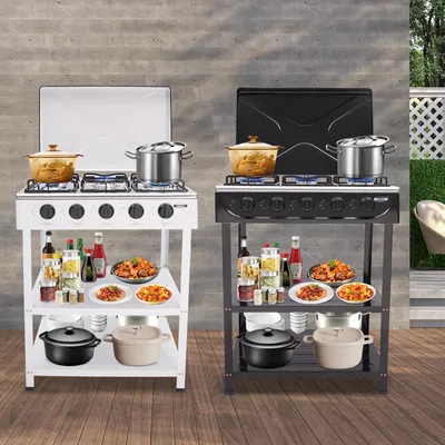 5-Burner Propane Gas Stove with Storage Shelves Iron Gas Camping Stove Portable Gas Stove for Family Camping Outdoor Activities
