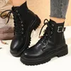 Schwarze Schuhe in Übergröße für Damen, Größe 35–42, Herbst-Winter, Schnürung, Plateau-Wedges, bequeme runde Zehen, rutschfeste Stiefeletten