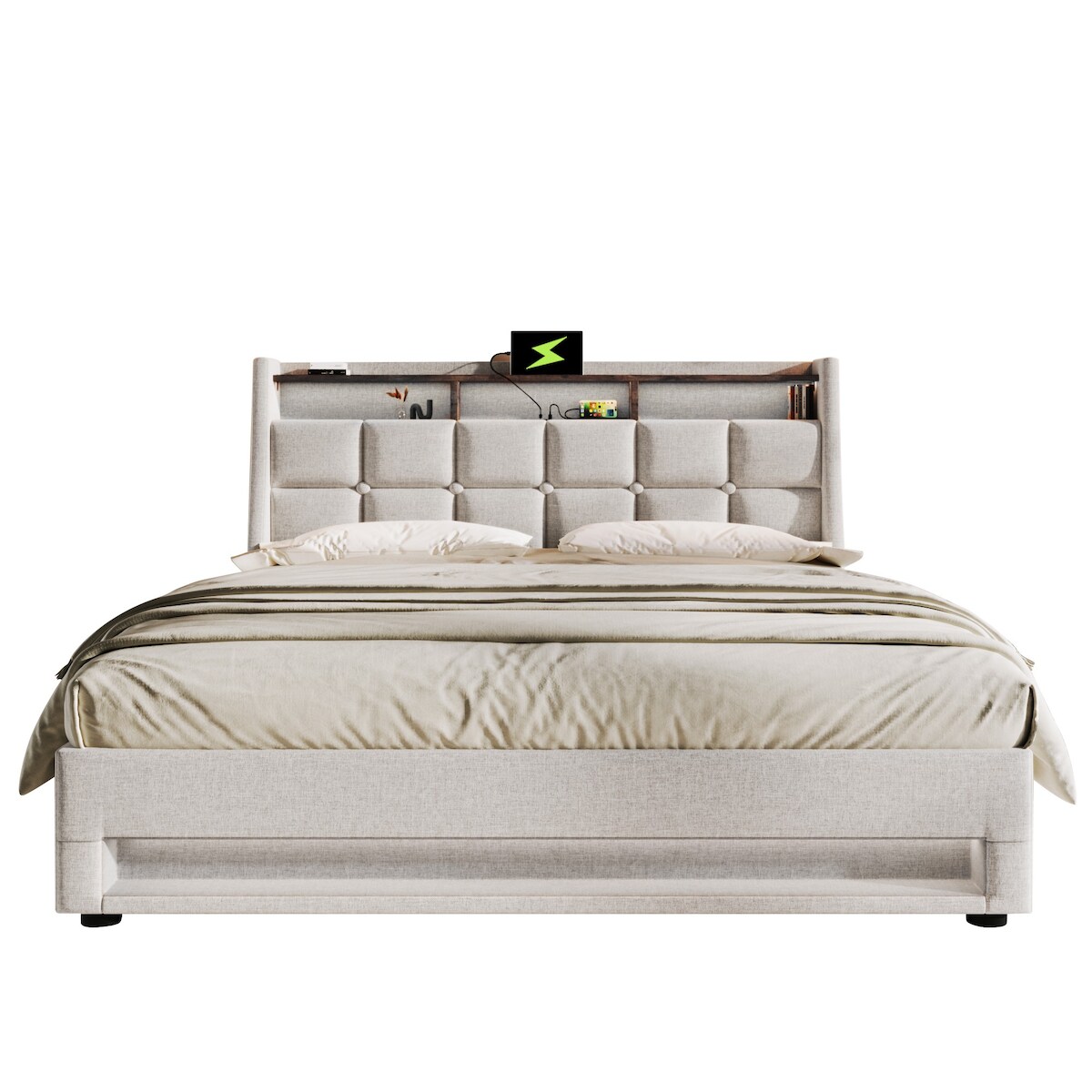 OKWISH Polsterbett 180×200 mit LED-Beleuchtung, USB-Anschluss, Kopfteil gepolstert, Stauraum, Leinenmaterial, Vintage-Design, Beige Image