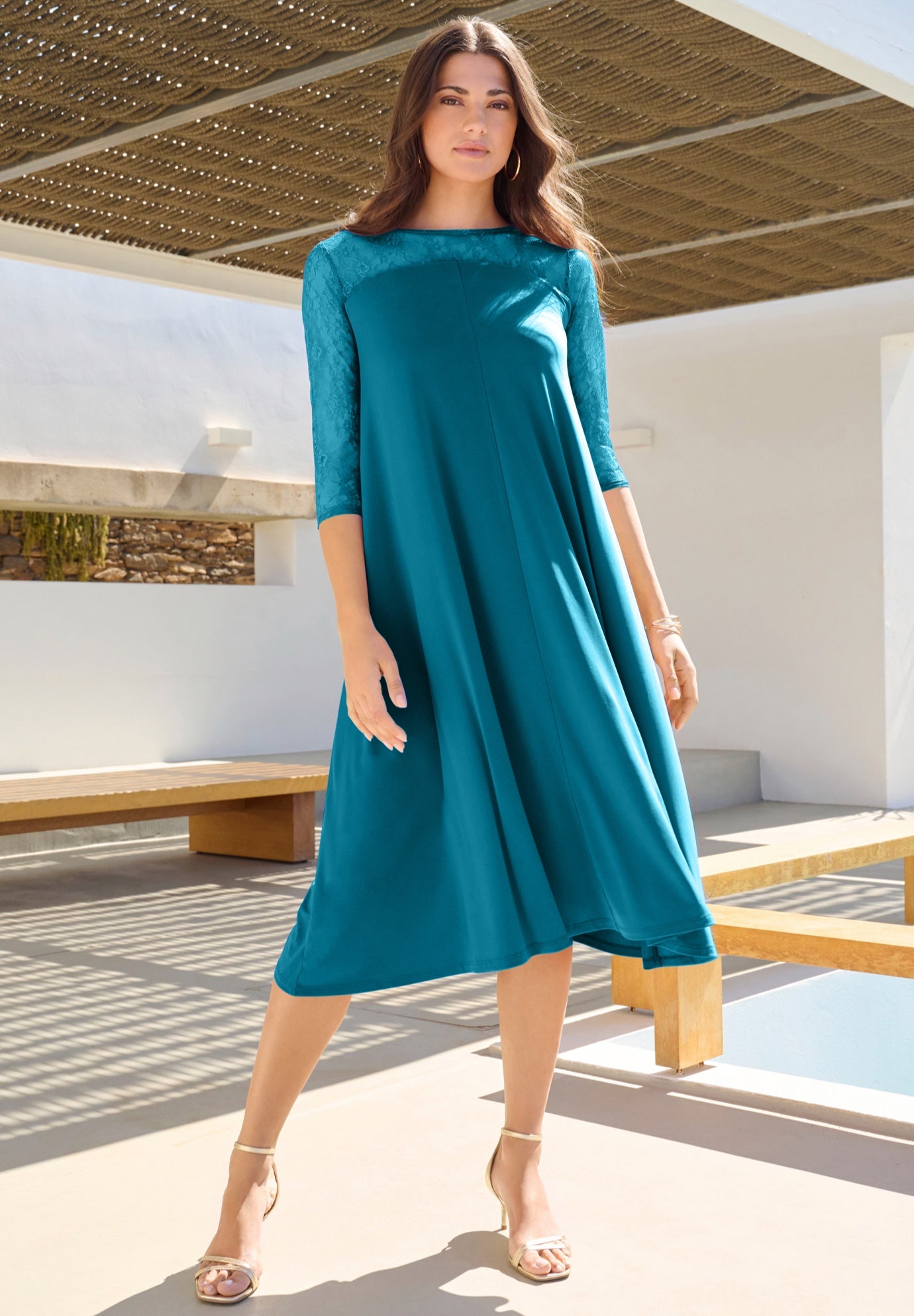 Plus Size Women's Plus Size 3/4 Sleeve Allover Lace Swing Dress by Roaman's in Deep Teal (Size 34/36)