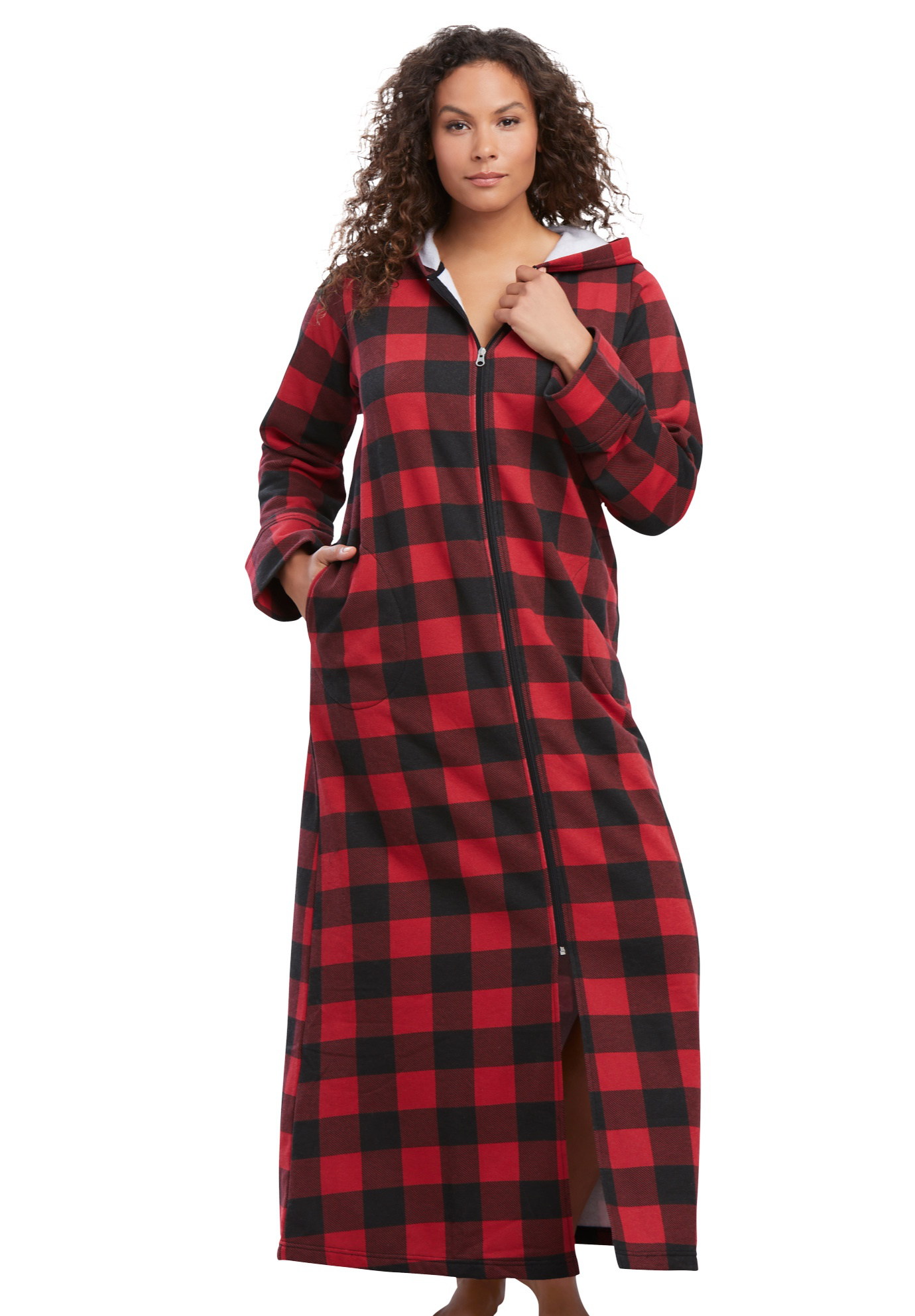 Plus Size Women's Long Hooded Fleece Sweatshirt Robe by Dreams & Co. in Red Buffalo Plaid (Size 4X)
