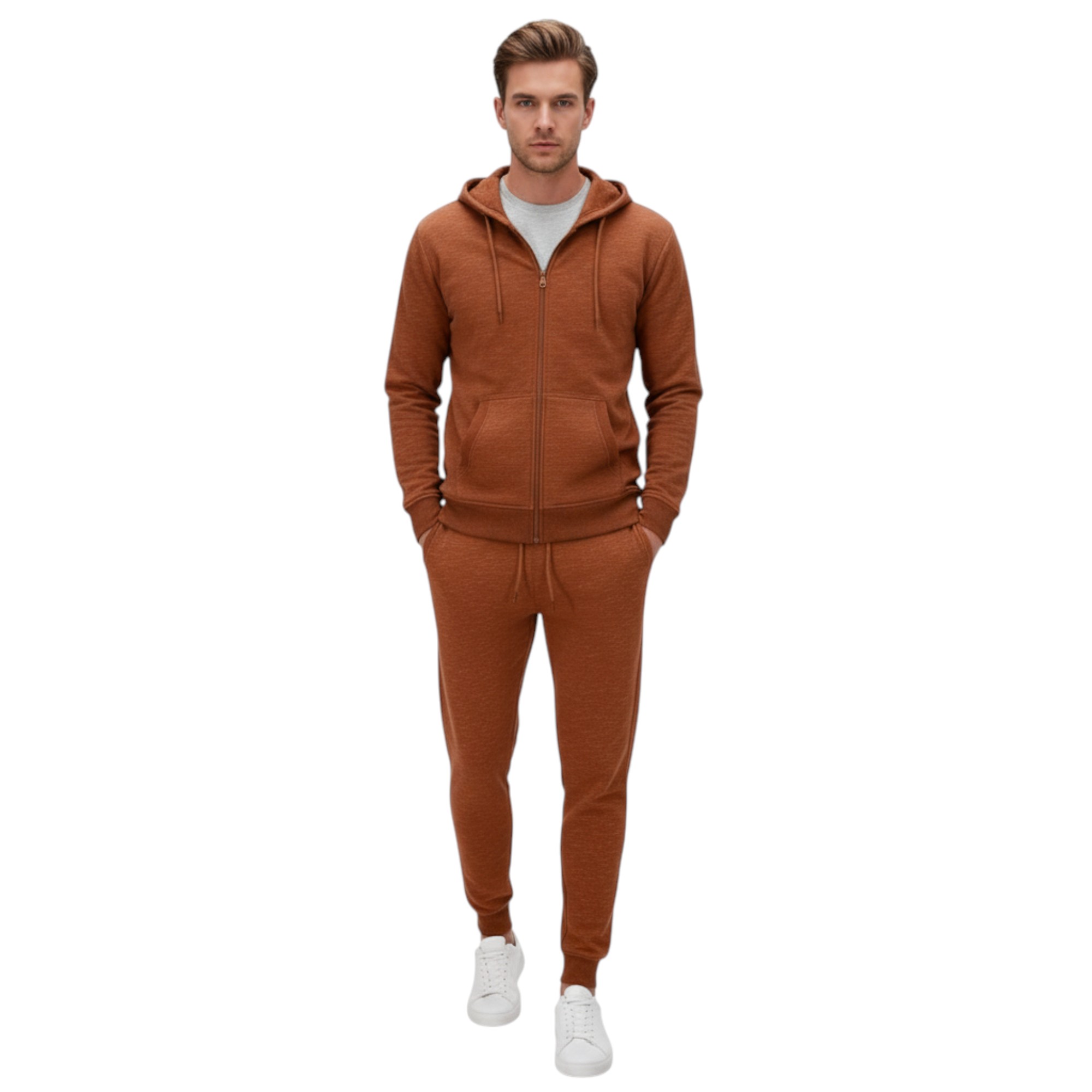 Other Mens Fleece Tracksuit Set Full Zip Hoodie Top Winter Joggers Gym Jogging Bottoms - Orange Cotton - Size Medium
