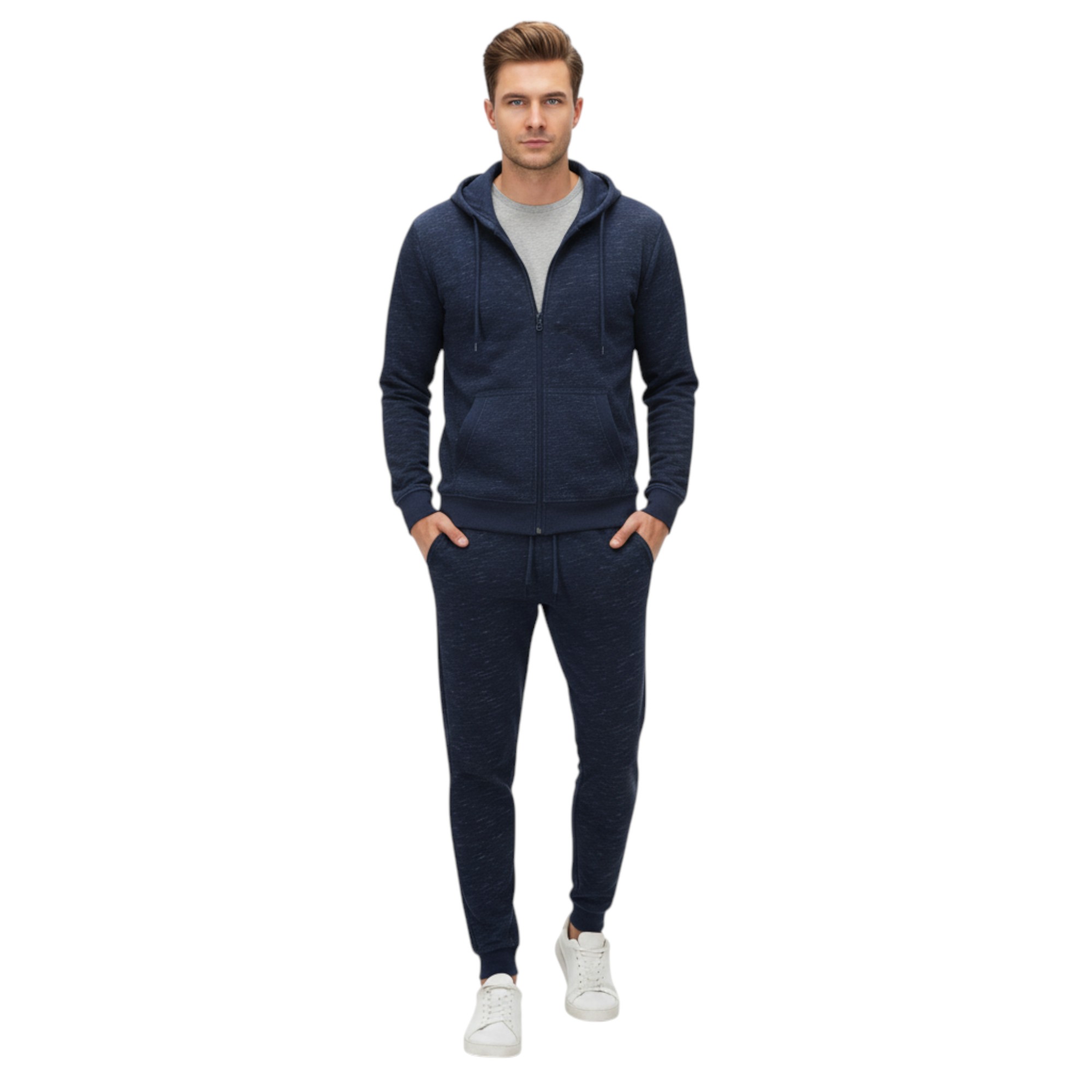 Other Mens Fleece Tracksuit Set Full Zip Hoodie Top Winter Joggers Gym Jogging Bottoms - Navy Cotton - Size X-large