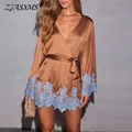 Sexy Chic marron dentelle Satin femmes robe printemps col en V profond creux Mini robe automne à manches longues ceintures Homewear robe de nuit Mujer