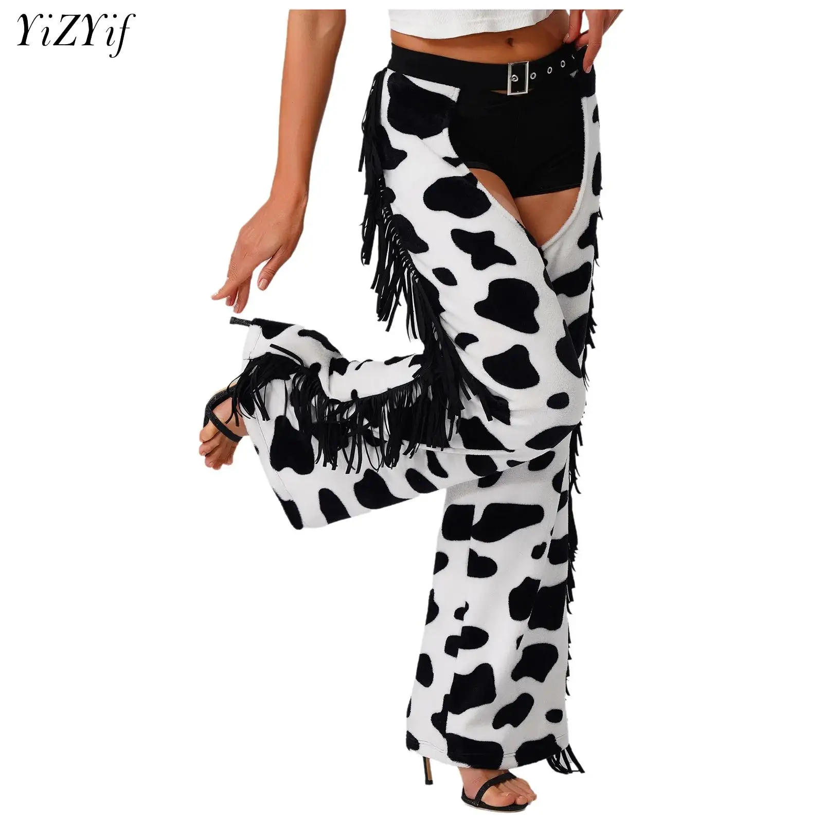 Womens Cowboy Chaps Halloween Party Cowgirl Cosplay Costume Cow Spot Pattern Side Tassel Open Crotch Biking Riding Flannel Pants