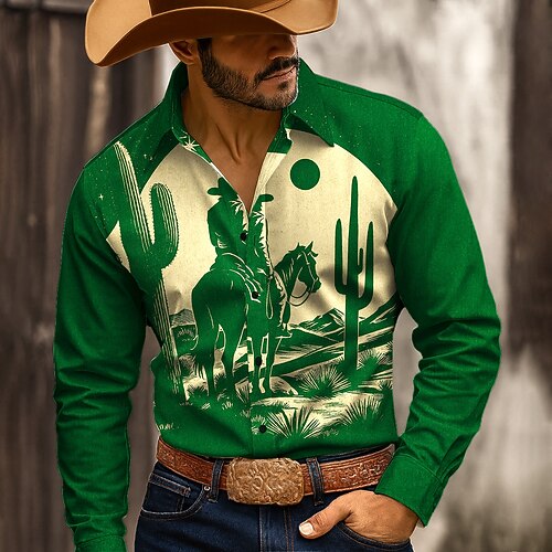 Herren Cowboy auf Pferd Hemd Westernhemd Knopfhemd Langarm Vintage-Retro Outdoor Lässig Arbeitskleidung Frühling Herbst Umlegekragen 3D-Druck Hemden mit Kragen Blau Rote Grün Image