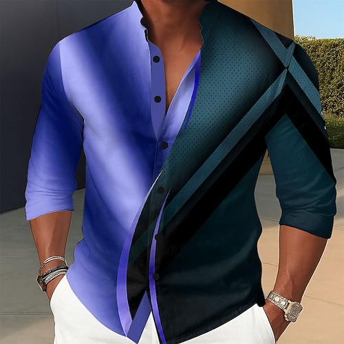 Herren Geometrisch Farbverlauf Wellen Hemd Stehkragenhemd Langarm Modisch lässig Alltagskleidung Ferien Frühling Herbst Mandarinkragen Stehkragen 3D-Druck Hemden mit Knopfleiste Blau Purpur Gold Grau Image