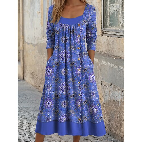Damen Midikleid Shiftkleid A Linie Kleid Lässig Täglich Normale Passform Grafik Geometrisch Langarm Quadrathals Blau Purpur Orange Grün Herbst Winter Image