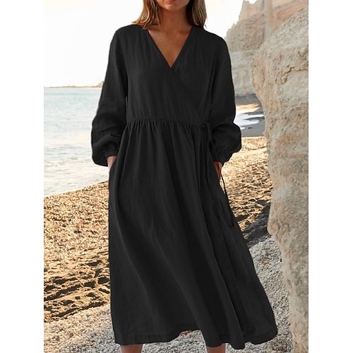 Damen Midikleid Kunstbaumwollleinen A Linie Kleid Lässig Täglich Lässiger Schnitt Einfach Langarm V Ausschnitt Blau Schwarz Weiß Gelb Sommer Frühling Herbst Image