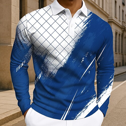 Herren Geometrisch Linie Polo Langarm Polo-Shirts Revers Business-Casual Athleisure Alltagskleidung 3D-Druck Knöpfe Frühling Herbst Winter Blau Purpur Grün Image