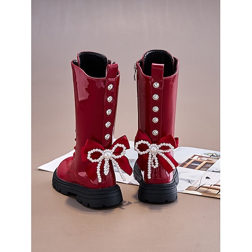 Von koreanischen Idols inspirierte Popstar-Kostümschuhe, Lackleder-Schnürstiefel für Mädchen – stylische Kampfstiefel bis zur Mitte der Wade mit Schleifendetail für Schule und Party Image