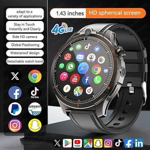 LW9 Smartwatch 1.43 Zoll Smartwatch Fitnessuhr Bluetooth 4G Temperaturüberwachung Schrittzähler Anruferinnerung Kompatibel mit Android iOS Herren GPS Langer Standby Freisprechanrufe IP68 22mm Image