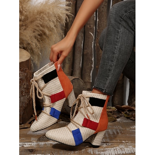 Damen Stiefel Kampfstiefel Täglich Schnürung Blockabsatz Spitze Zehe Lässig Strick Reißverschluss Beige