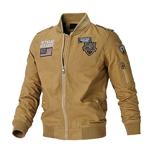 Herren Einsatzjacke Cargo-Jacke Freizeitjacke Urlaub Täglich Atmungsaktiv Tasche Frühling Herbst Nationalflagge Mode Klassisch Stehkragen Regulär Schwarz Khaki Armeegrün Jacken Image