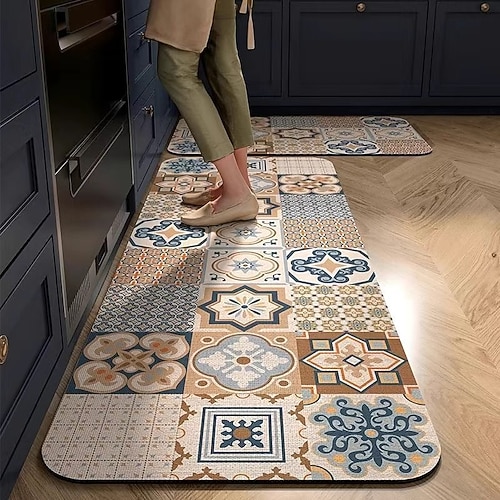 Läuferteppiche für Flur und Küche marokkanischer Mosaik-Vintage-Stil Kristallvelours Anti-Ermüdungsfußmatte gummiunterlegt saugfähiges Design weicher rutschfester maschinenwaschbarer Teppich für Image