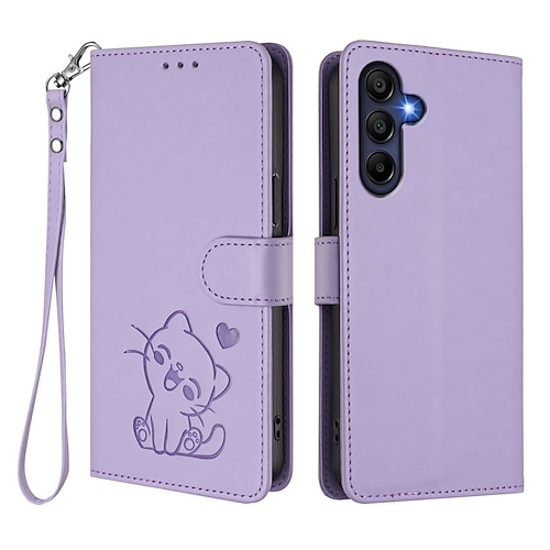 Handy Hülle Handyhüllen Für Samsung Galaxy S25 S24 S23 S24 FE S22 Plus Ultra S23 FE A56 A36 A26 A16 Brieftaschenhülle Vollschutz mit Trageriemen Stoßfest Katze Retro TPU PU-Leder Image