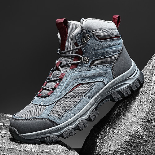 Graue und rote Wanderstiefel für Herren mit Schnürung und gepolsterter Unterstützung, atmungsaktive Trail-Schuhe für Outdoor-Abenteuer und den Alltag Image